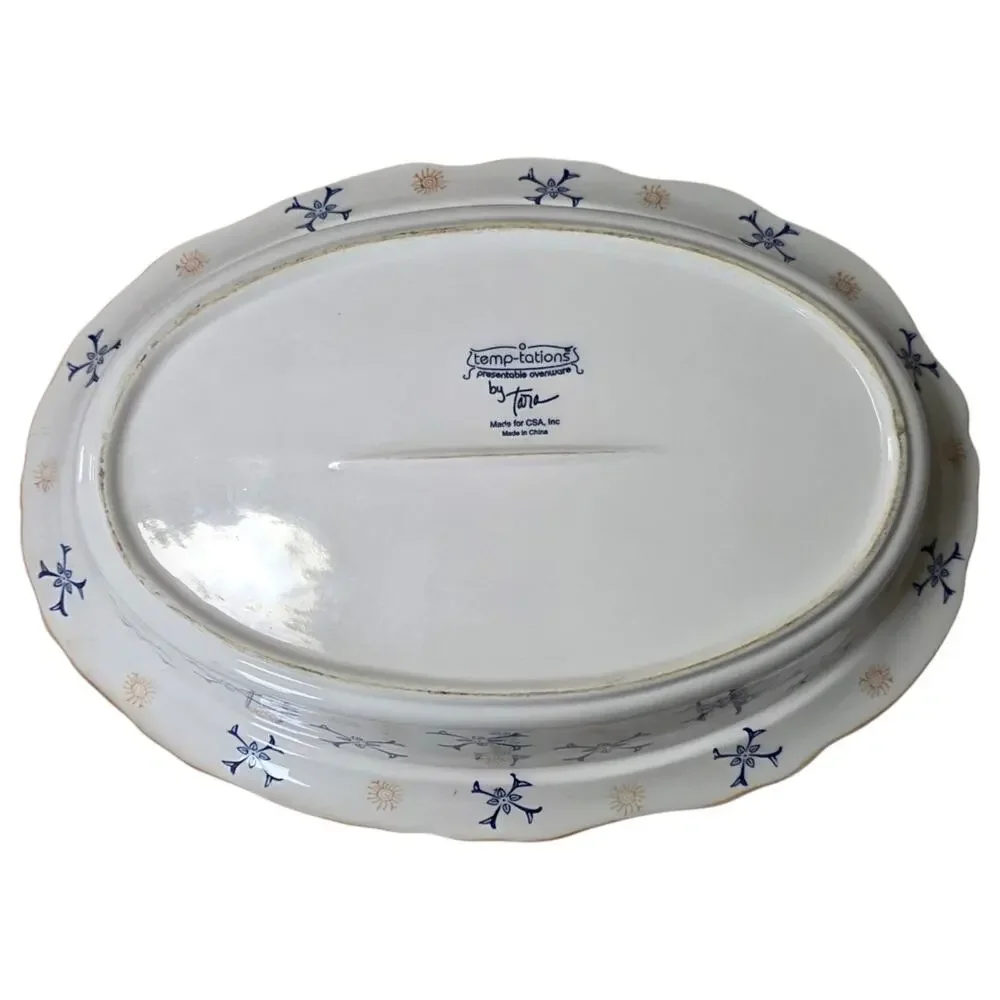 Temp-tations Provance Blue Morning Glory 3.5 Qt Oval Casserole Dish Lid Rack